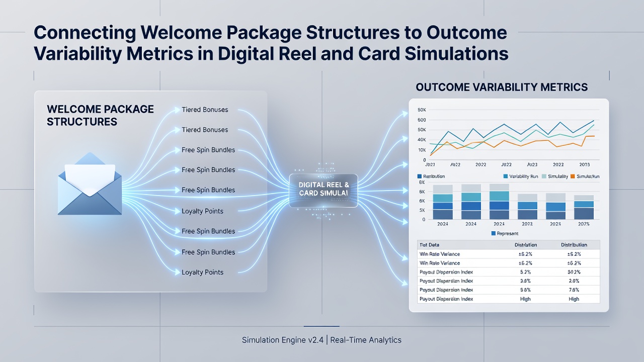 Analytics dashboard displaying variability metrics connected to different welcome package tiers in simulated gaming sessions