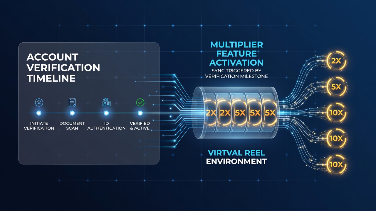 Virtual reel interface displaying synchronized account verification status and active multiplier indicators