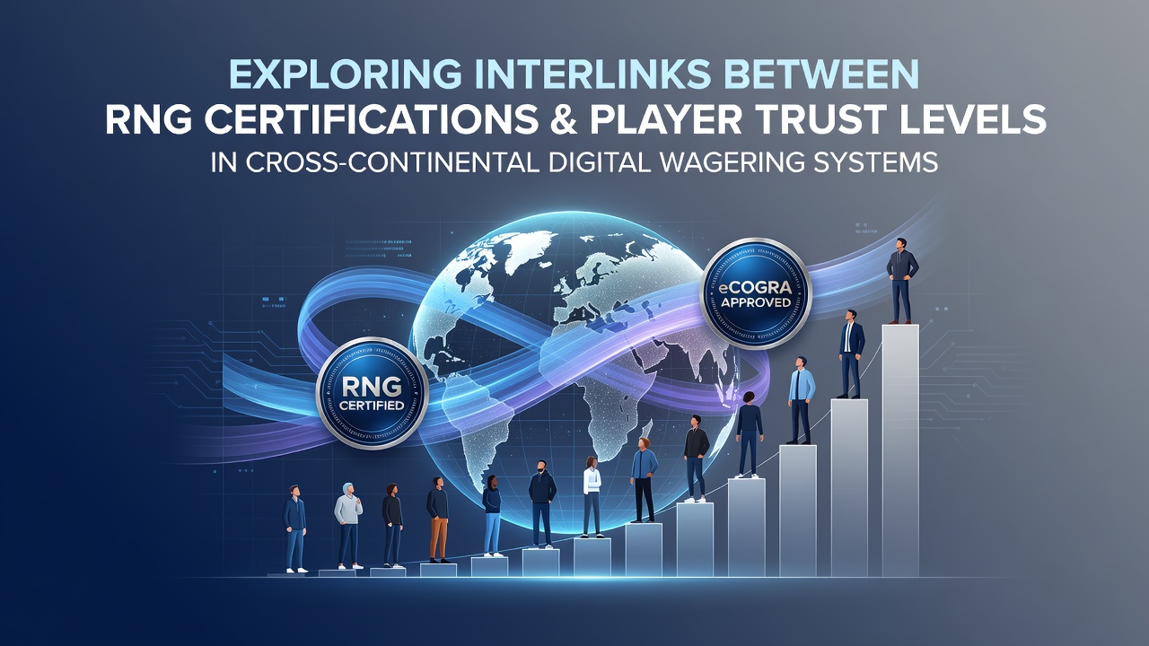 Diagram showing RNG certification seals connected to player trust metrics across global digital wagering platforms