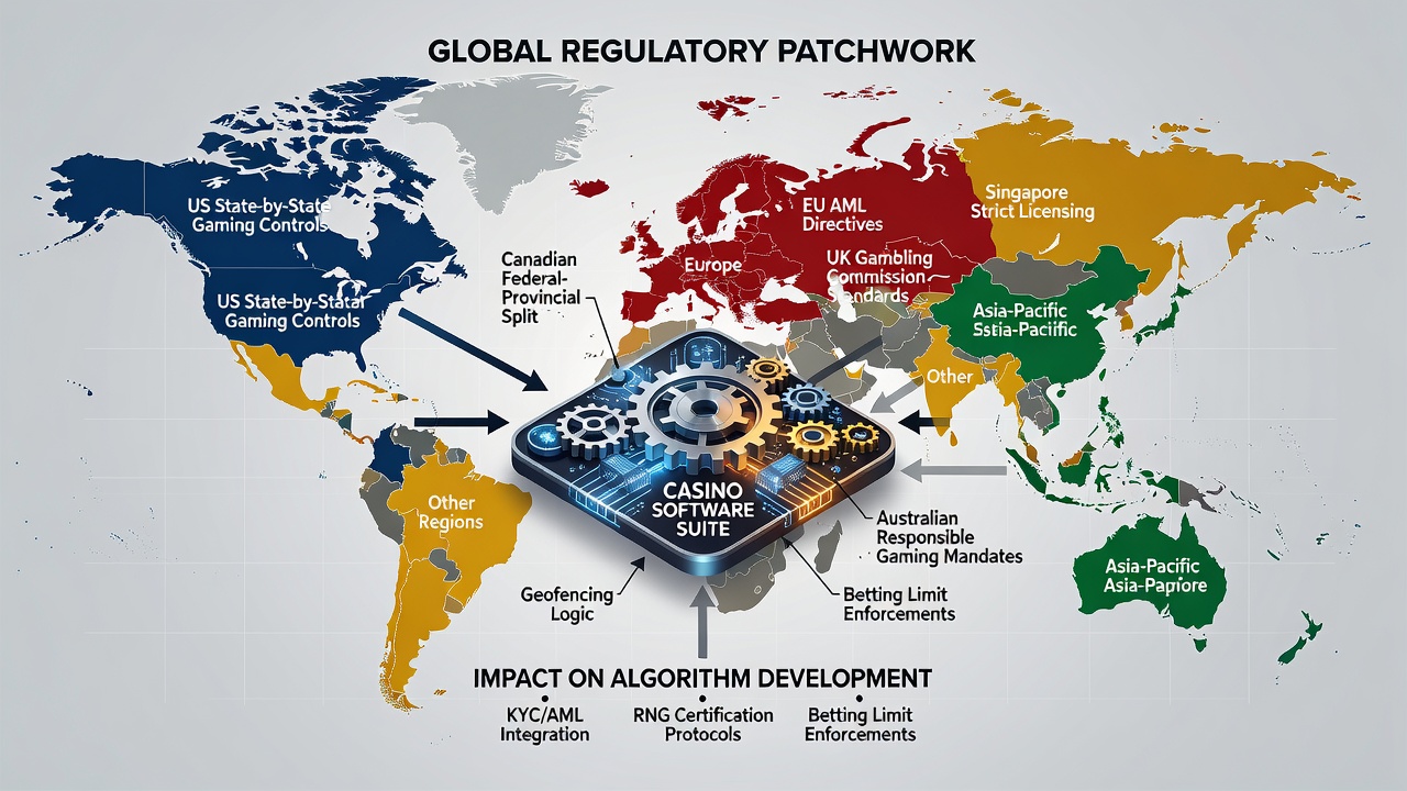 Algorithm engineers reviewing regulatory compliance code for international casino platforms