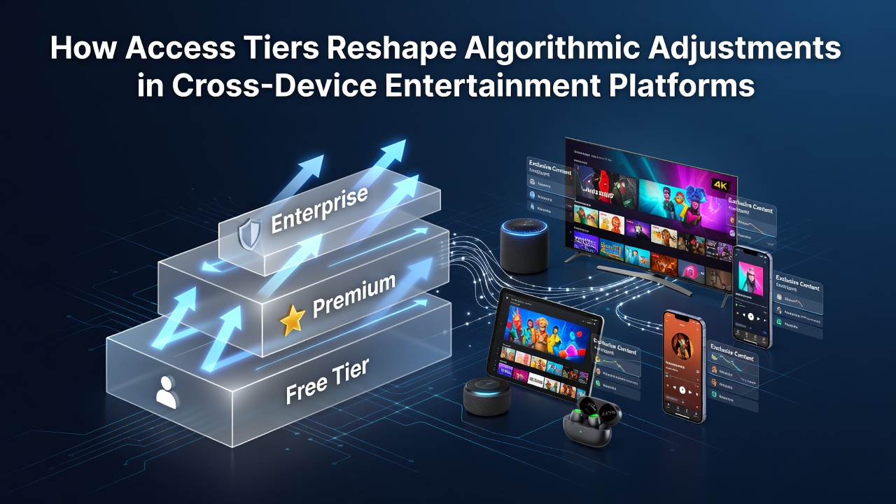 Cross-device entertainment platform interface showing different access tier options on multiple screens