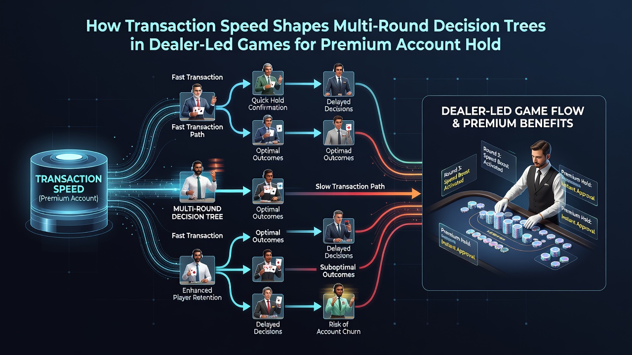 Diagram showing multi-round decision pathways shaped by varying transaction confirmation times in dealer-led games