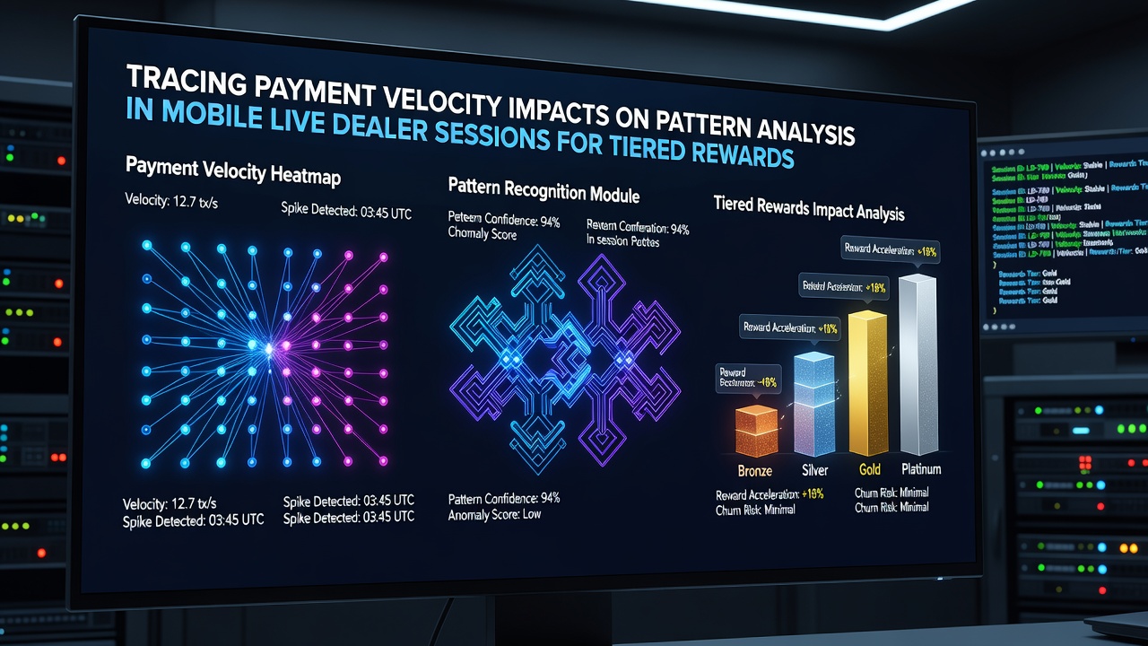 Data visualization of payment velocity trends overlaid on live dealer betting patterns for different reward tiers